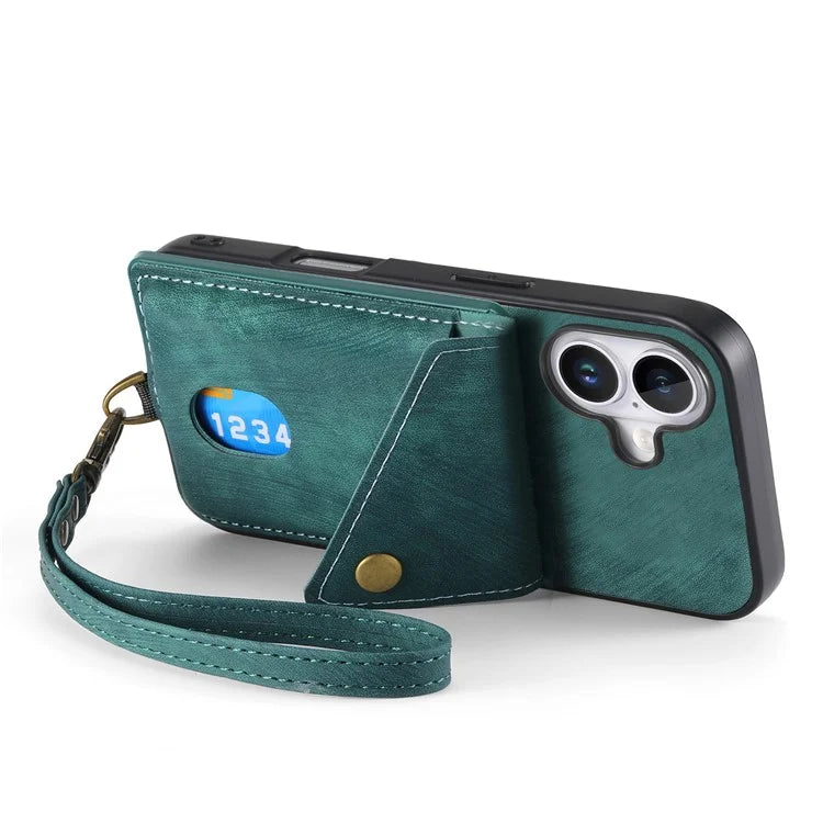 For iPhone 16 Case with Card Slot Kickstand Leather TPU Phone Cover