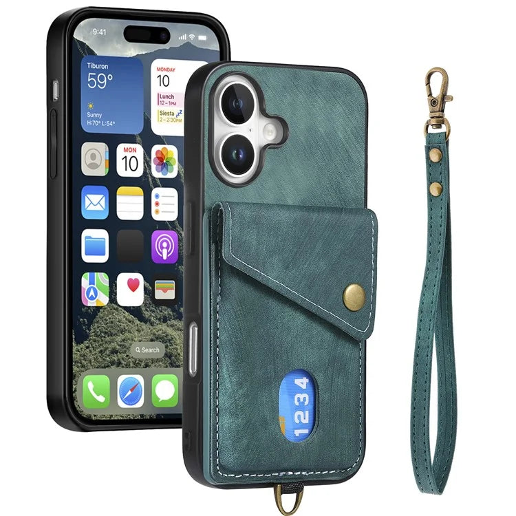 For iPhone 16 Case with Card Slot Kickstand Leather TPU Phone Cover