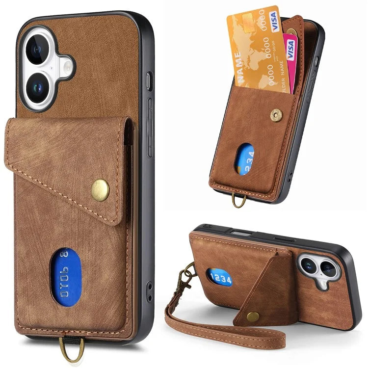 For iPhone 16 Case with Card Slot Kickstand Leather TPU Phone Cover