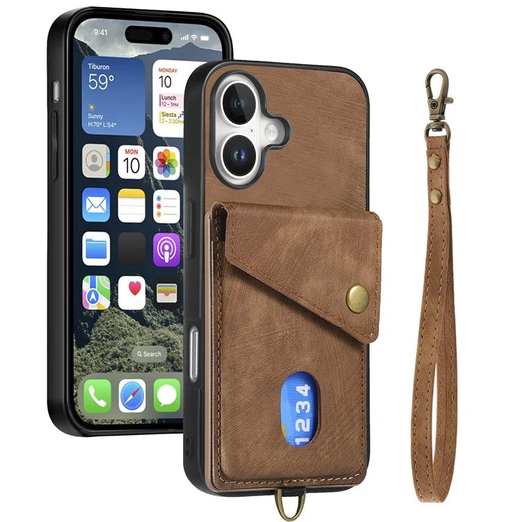 For iPhone 16 Case with Card Slot Kickstand Leather TPU Phone Cover