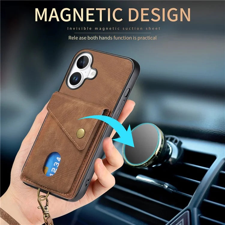 For iPhone 16 Case with Card Slot Kickstand Leather TPU Phone Cover