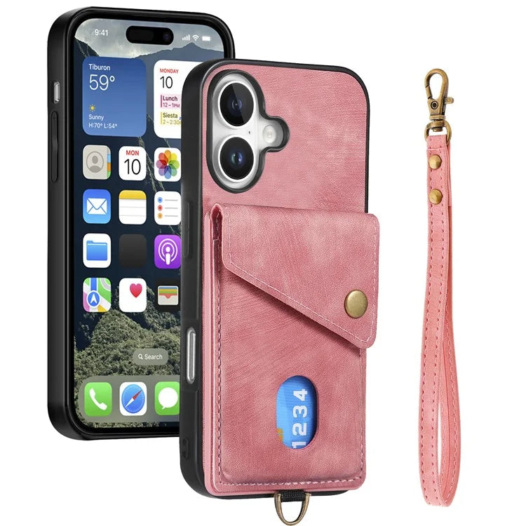 For iPhone 16 Case with Card Slot Kickstand Leather TPU Phone Cover