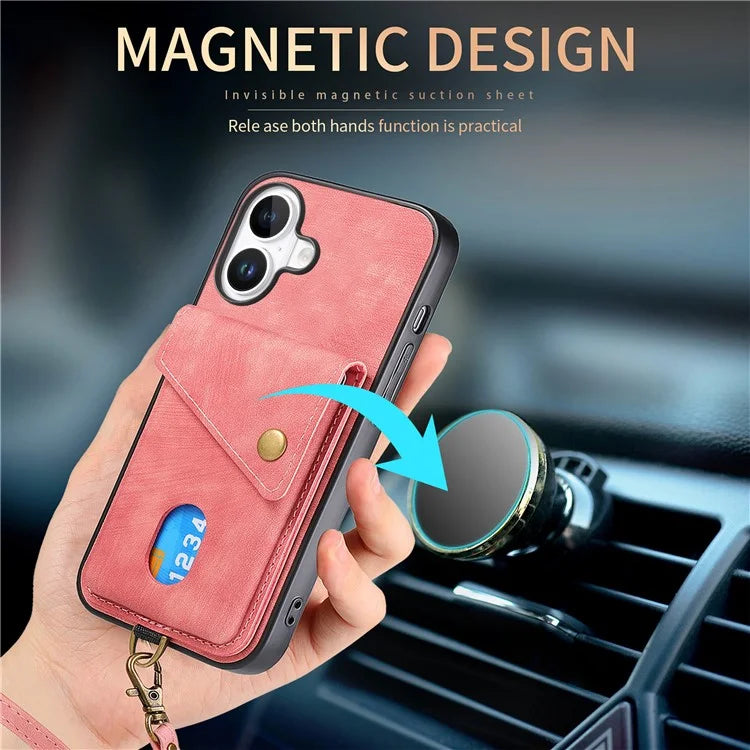 For iPhone 16 Case with Card Slot Kickstand Leather TPU Phone Cover