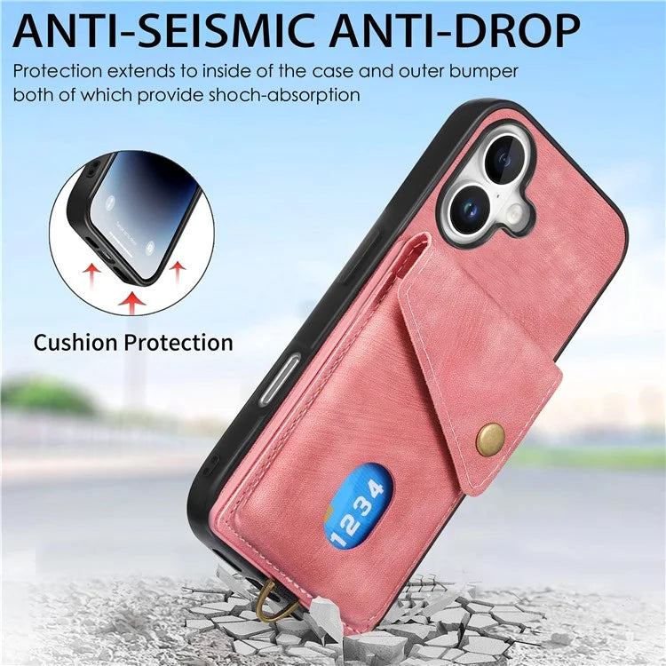 For iPhone 16 Case with Card Slot Kickstand Leather TPU Phone Cover