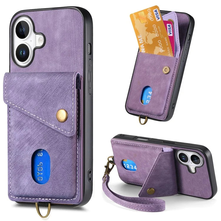 For iPhone 16 Case with Card Slot Kickstand Leather TPU Phone Cover