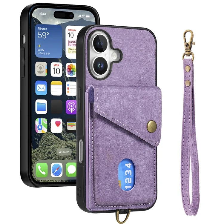 For iPhone 16 Case with Card Slot Kickstand Leather TPU Phone Cover