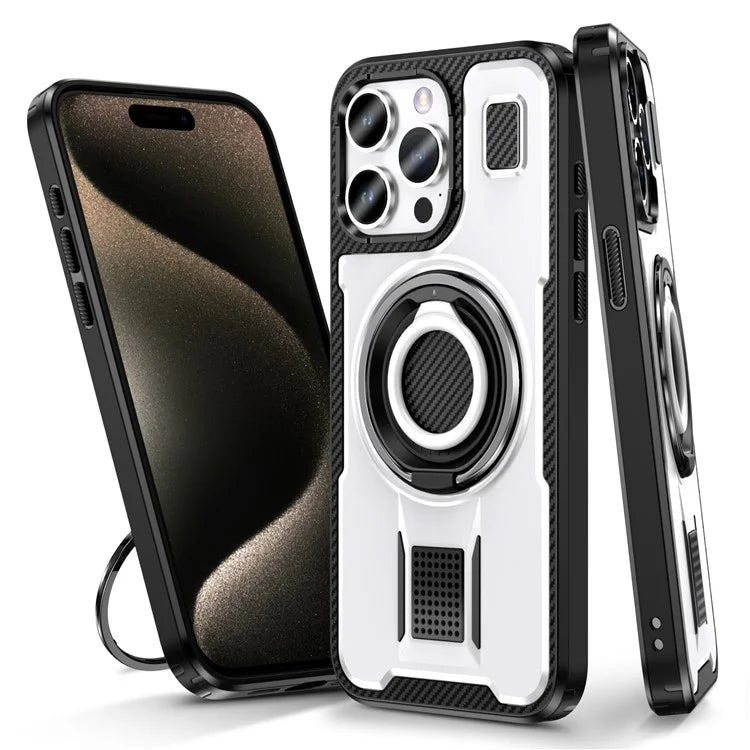 For iPhone 15 Pro Max Case TPU+PC Kickstand Phone Cover with Silicone Finger Strap