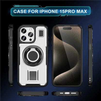 For iPhone 15 Pro Max Case TPU+PC Kickstand Phone Cover with Silicone Finger Strap