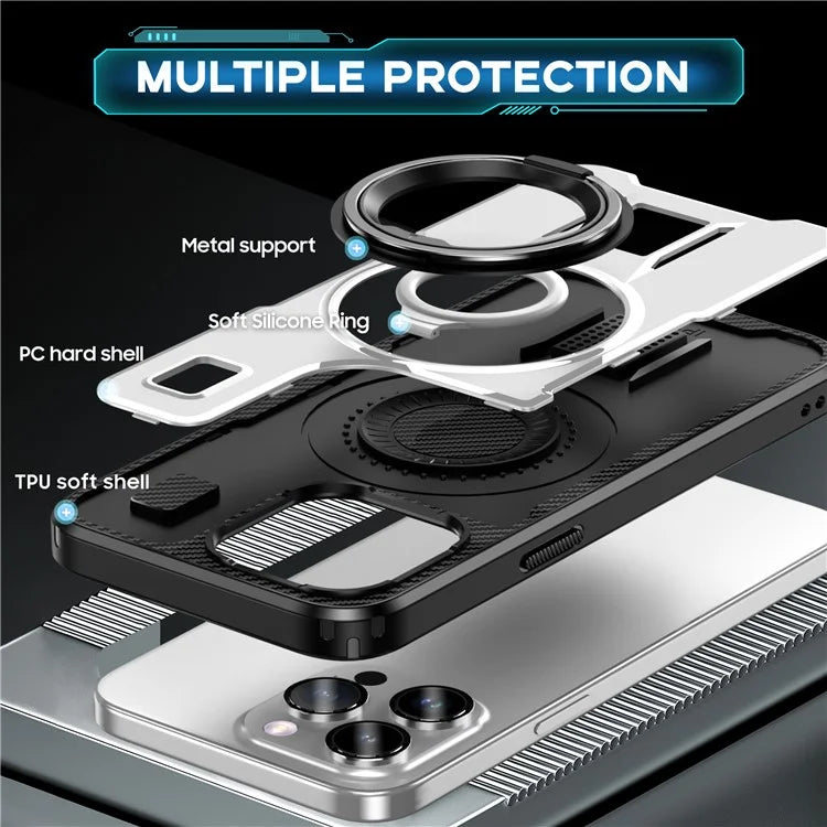For iPhone 15 Pro Max Case TPU+PC Kickstand Phone Cover with Silicone Finger Strap