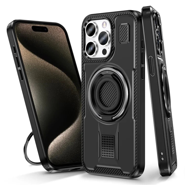 For iPhone 15 Pro Max Case TPU+PC Kickstand Phone Cover with Silicone Finger Strap