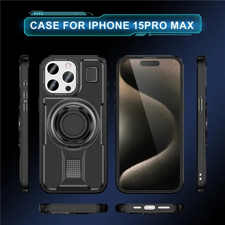 For iPhone 15 Pro Max Case TPU+PC Kickstand Phone Cover with Silicone Finger Strap