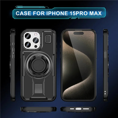 For iPhone 15 Pro Max Case TPU+PC Kickstand Phone Cover with Silicone Finger Strap