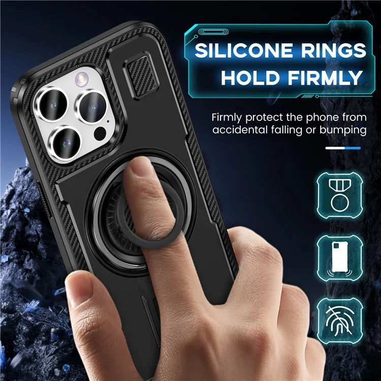 For iPhone 15 Pro Max Case TPU+PC Kickstand Phone Cover with Silicone Finger Strap