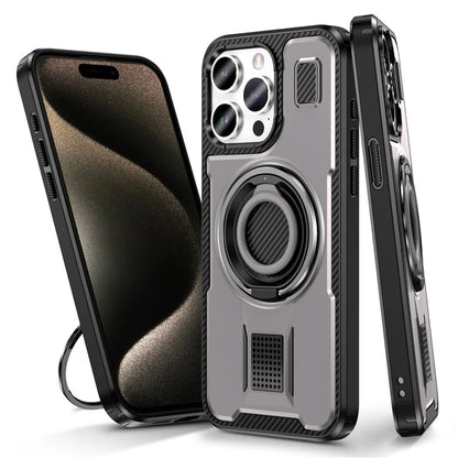 For iPhone 15 Pro Max Case TPU+PC Kickstand Phone Cover with Silicone Finger Strap