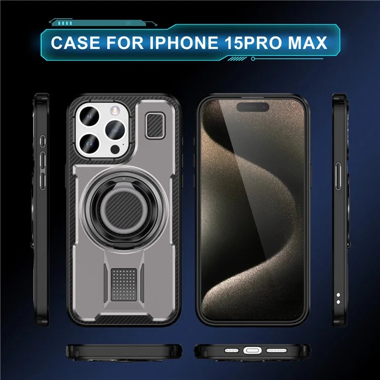 For iPhone 15 Pro Max Case TPU+PC Kickstand Phone Cover with Silicone Finger Strap