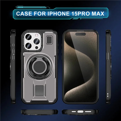For iPhone 15 Pro Max Case TPU+PC Kickstand Phone Cover with Silicone Finger Strap