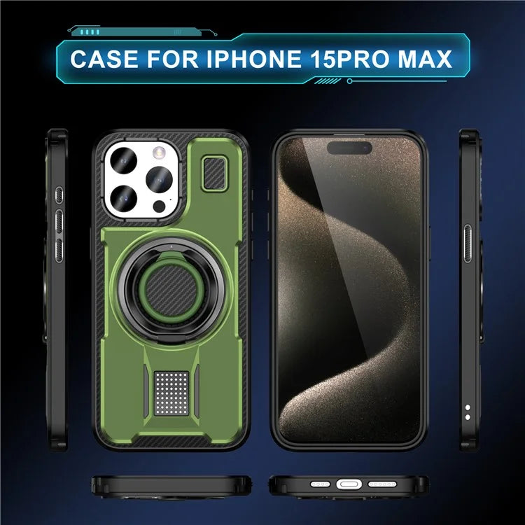 For iPhone 15 Pro Max Case TPU+PC Kickstand Phone Cover with Silicone Finger Strap