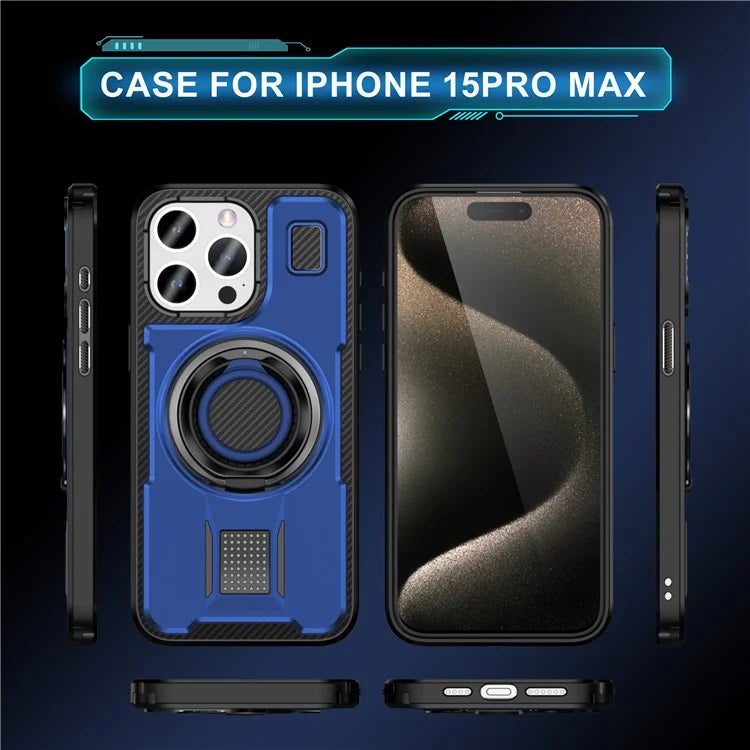 For iPhone 15 Pro Max Case TPU+PC Kickstand Phone Cover with Silicone Finger Strap