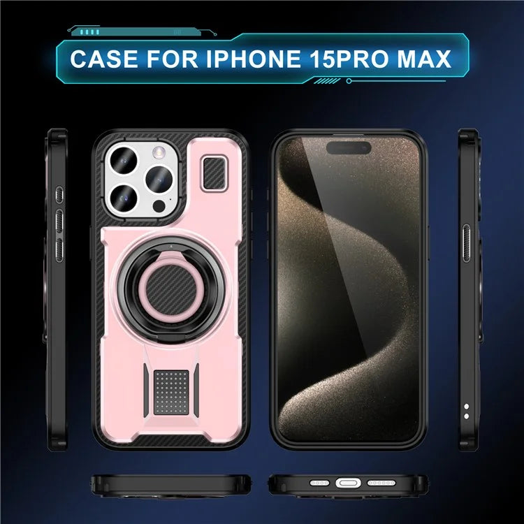 For iPhone 15 Pro Max Case TPU+PC Kickstand Phone Cover with Silicone Finger Strap