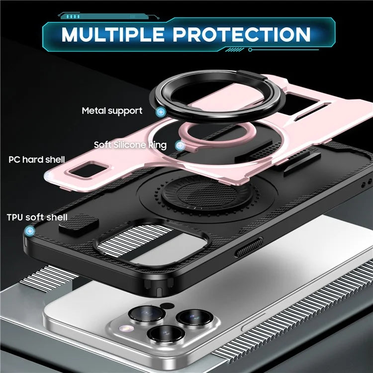 For iPhone 15 Pro Max Case TPU+PC Kickstand Phone Cover with Silicone Finger Strap
