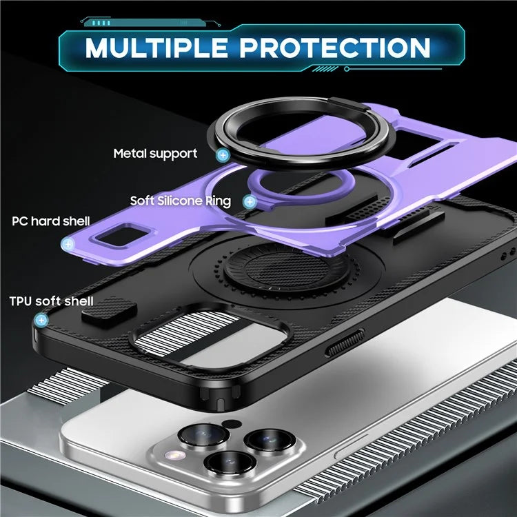 For iPhone 15 Pro Max Case TPU+PC Kickstand Phone Cover with Silicone Finger Strap