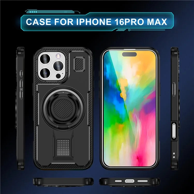 For iPhone 16 Pro Max Case TPU+PC Kickstand Phone Cover with Silicone Finger Strap