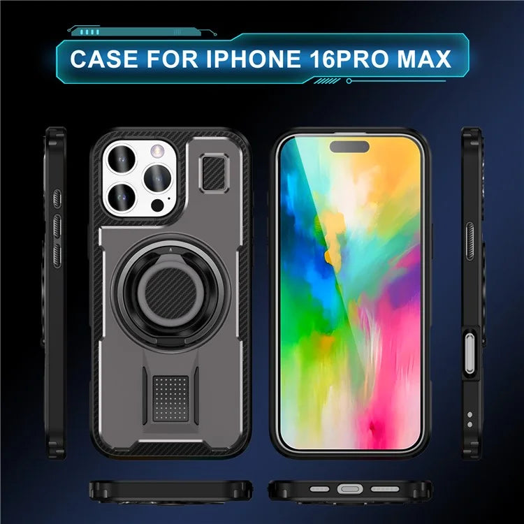For iPhone 16 Pro Max Case TPU+PC Kickstand Phone Cover with Silicone Finger Strap