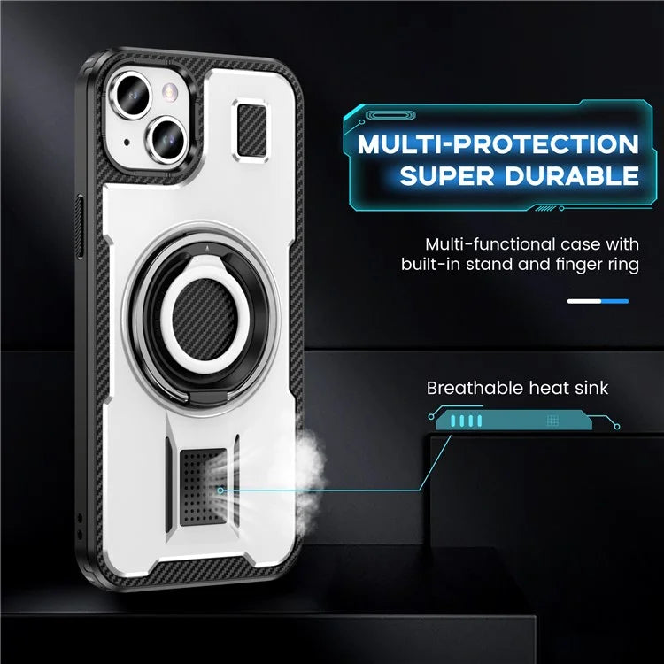 For iPhone 15 Case TPU+PC Kickstand Phone Cover with Silicone Finger Strap