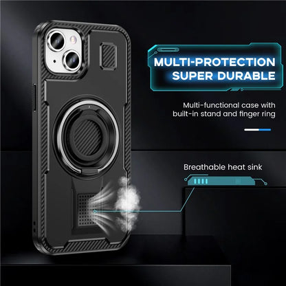 For iPhone 15 Case TPU+PC Kickstand Phone Cover with Silicone Finger Strap