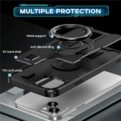 For iPhone 15 Case TPU+PC Kickstand Phone Cover with Silicone Finger Strap