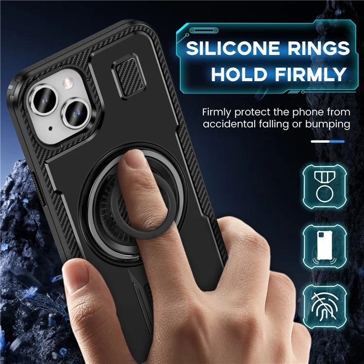 For iPhone 15 Case TPU+PC Kickstand Phone Cover with Silicone Finger Strap
