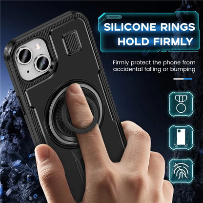 For iPhone 15 Case TPU+PC Kickstand Phone Cover with Silicone Finger Strap