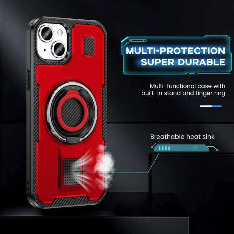 For iPhone 15 Case TPU+PC Kickstand Phone Cover with Silicone Finger Strap