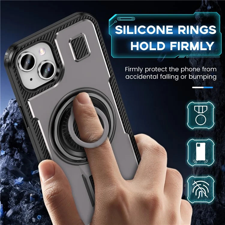 For iPhone 15 Case TPU+PC Kickstand Phone Cover with Silicone Finger Strap
