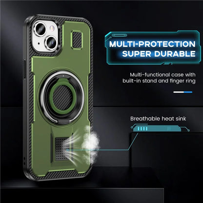For iPhone 15 Case TPU+PC Kickstand Phone Cover with Silicone Finger Strap