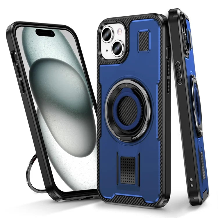 For iPhone 15 Case TPU+PC Kickstand Phone Cover with Silicone Finger Strap
