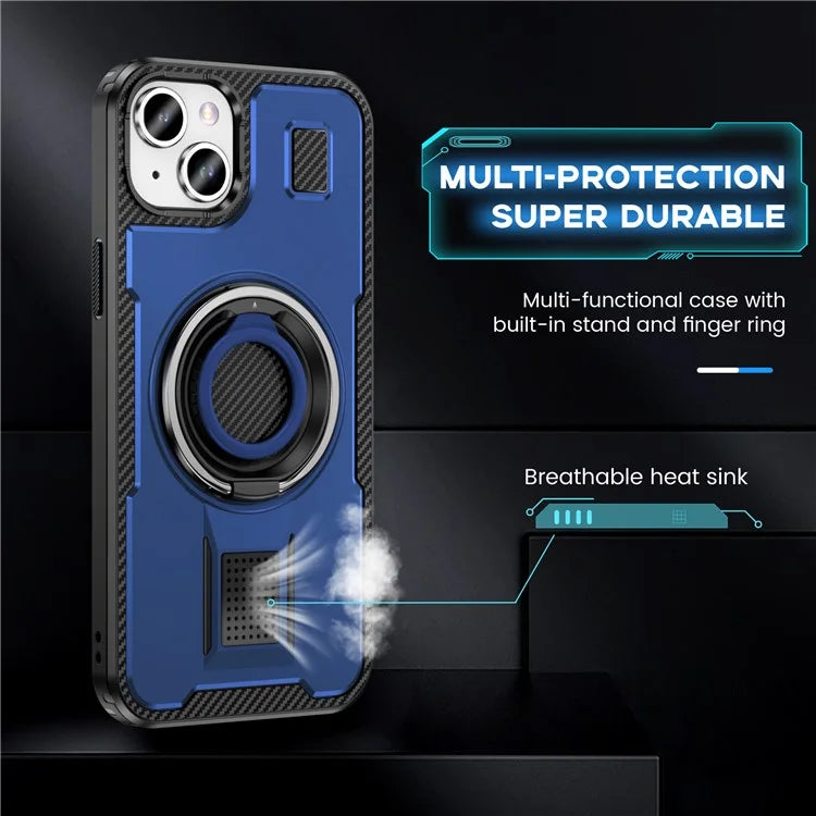 For iPhone 15 Case TPU+PC Kickstand Phone Cover with Silicone Finger Strap