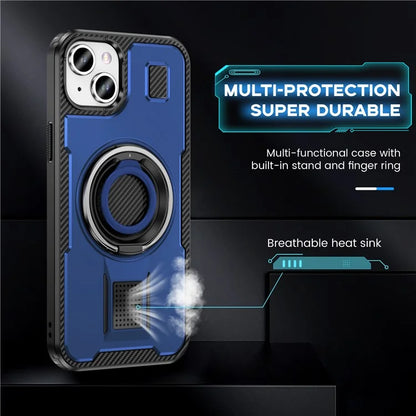 For iPhone 15 Case TPU+PC Kickstand Phone Cover with Silicone Finger Strap