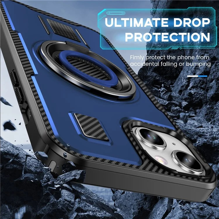 For iPhone 15 Case TPU+PC Kickstand Phone Cover with Silicone Finger Strap