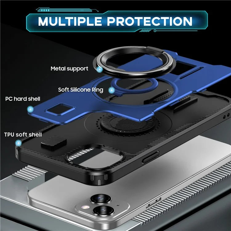 For iPhone 15 Case TPU+PC Kickstand Phone Cover with Silicone Finger Strap