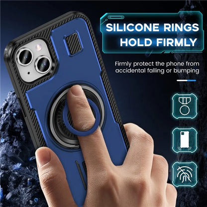 For iPhone 15 Case TPU+PC Kickstand Phone Cover with Silicone Finger Strap