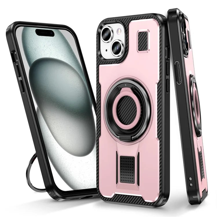 For iPhone 15 Case TPU+PC Kickstand Phone Cover with Silicone Finger Strap