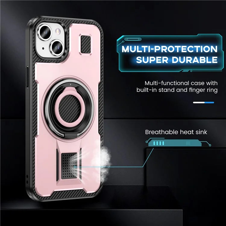 For iPhone 15 Case TPU+PC Kickstand Phone Cover with Silicone Finger Strap