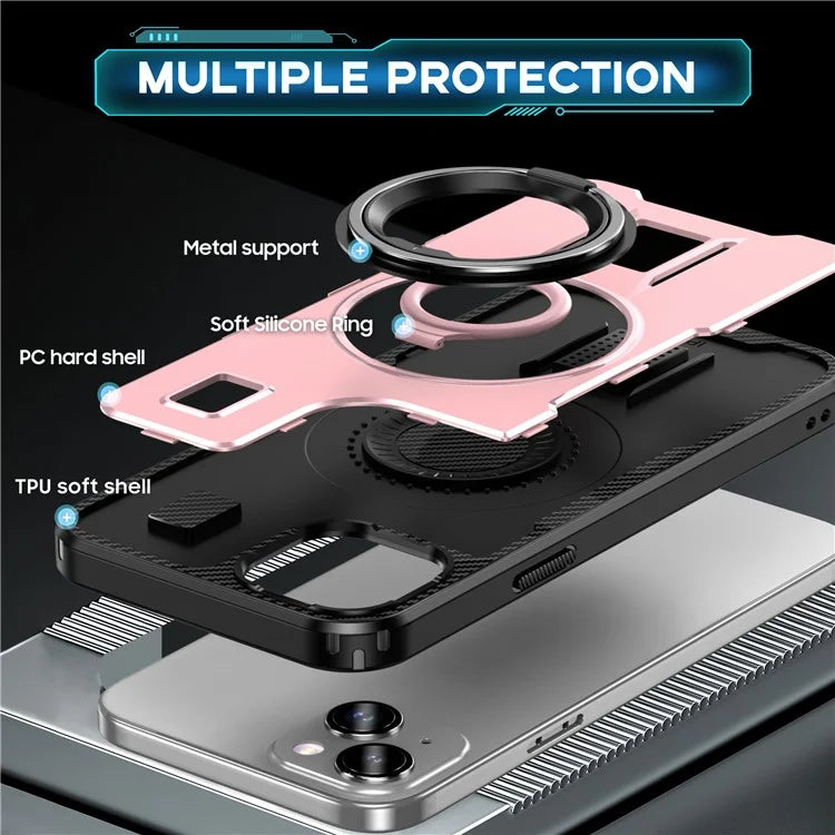 For iPhone 15 Case TPU+PC Kickstand Phone Cover with Silicone Finger Strap