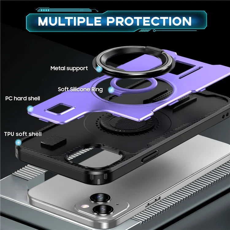 For iPhone 15 Case TPU+PC Kickstand Phone Cover with Silicone Finger Strap