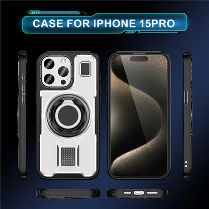For iPhone 15 Pro Case TPU+PC Kickstand Phone Cover with Silicone Finger Strap
