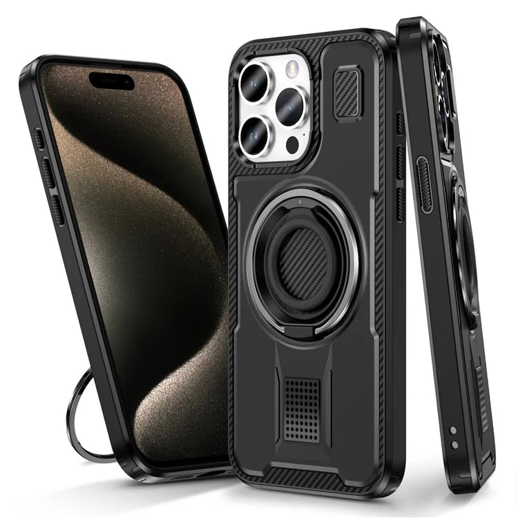 For iPhone 15 Pro Case TPU+PC Kickstand Phone Cover with Silicone Finger Strap