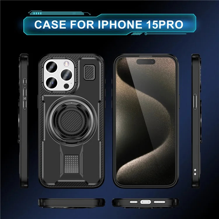 For iPhone 15 Pro Case TPU+PC Kickstand Phone Cover with Silicone Finger Strap
