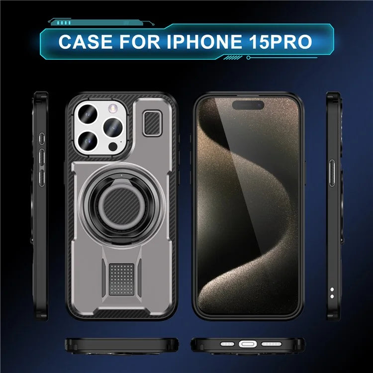 For iPhone 15 Pro Case TPU+PC Kickstand Phone Cover with Silicone Finger Strap