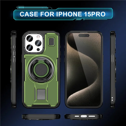 For iPhone 15 Pro Case TPU+PC Kickstand Phone Cover with Silicone Finger Strap